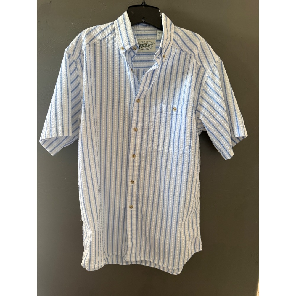 Sportsmans Warehouse Preppy Coastal‎ Mens Medium Blue White Seersucker Shirt